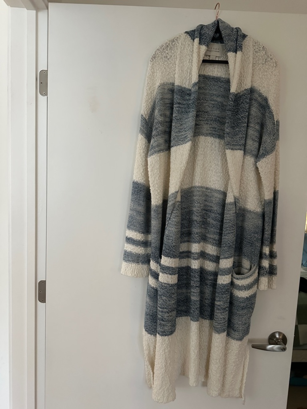 hinge Blue and Cream Striped Long Open-Front Cardigan